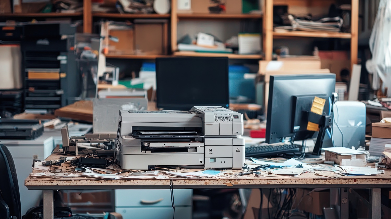 A damaged printer and computer equipment in a cluttered office.