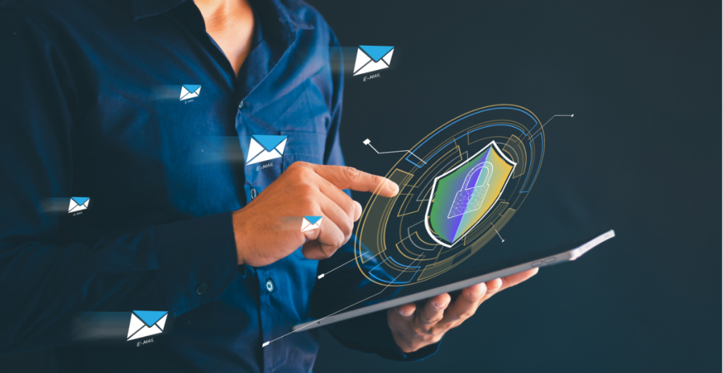 Cybersecurity protection on a tablet with secure email icons.