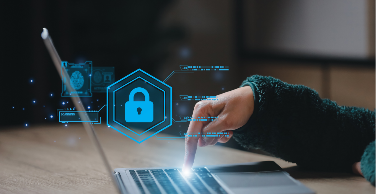 User accessing a laptop with digital cybersecurity lock interface.